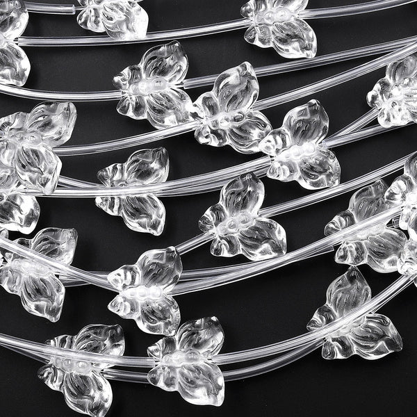 Natural Clear Rock Quartz Crystal Hand Carved Butterfly Gemstone 3D Beads Strand