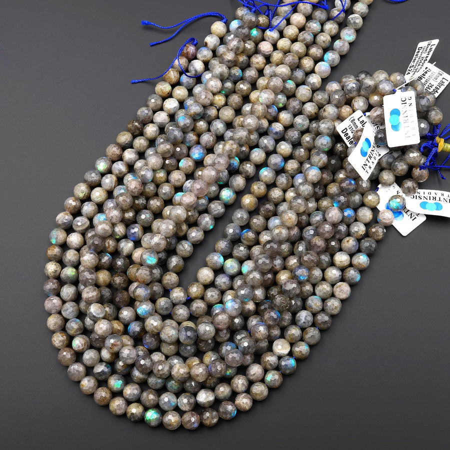 Faceted Natural Dark Blue Brown Labradorite 6mm 8mm Round Beads 15.5" Strand