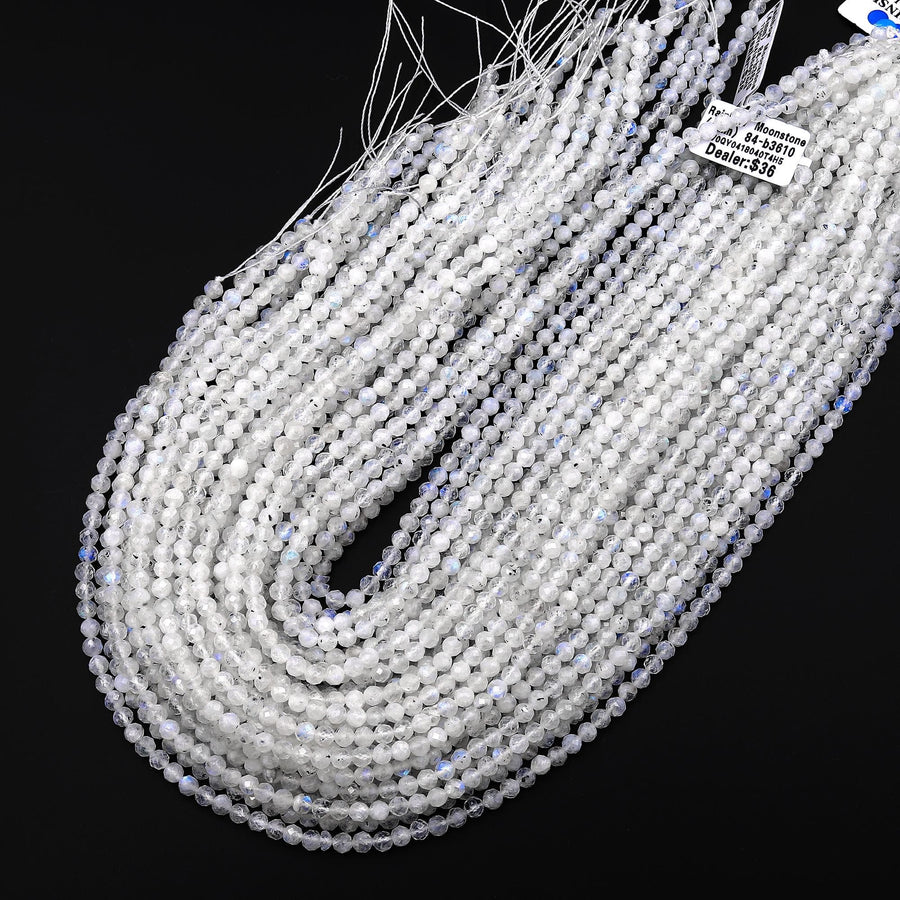 Faceted Translucent Natural Rainbow Moonstone 4mm Round Beads 15.5" Strand