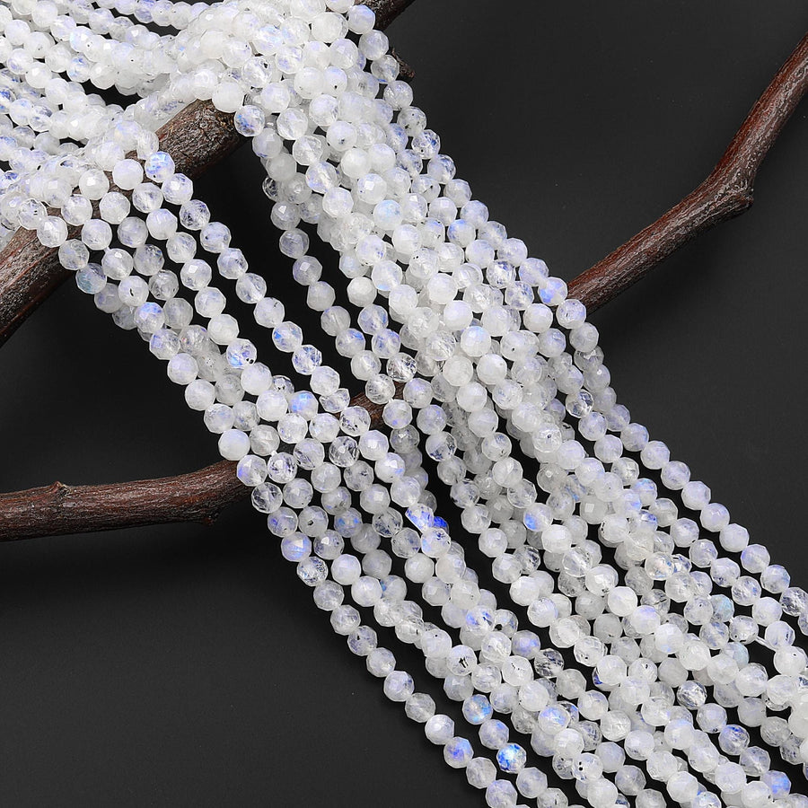 Faceted Translucent Natural Rainbow Moonstone 4mm Round Beads 15.5" Strand