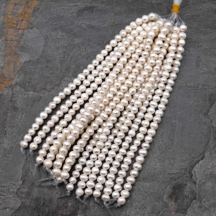 Large Hole Pearls Beads Genuine White Freshwater Potato Pearl 8mm Big 2mm Hole 8" Strand