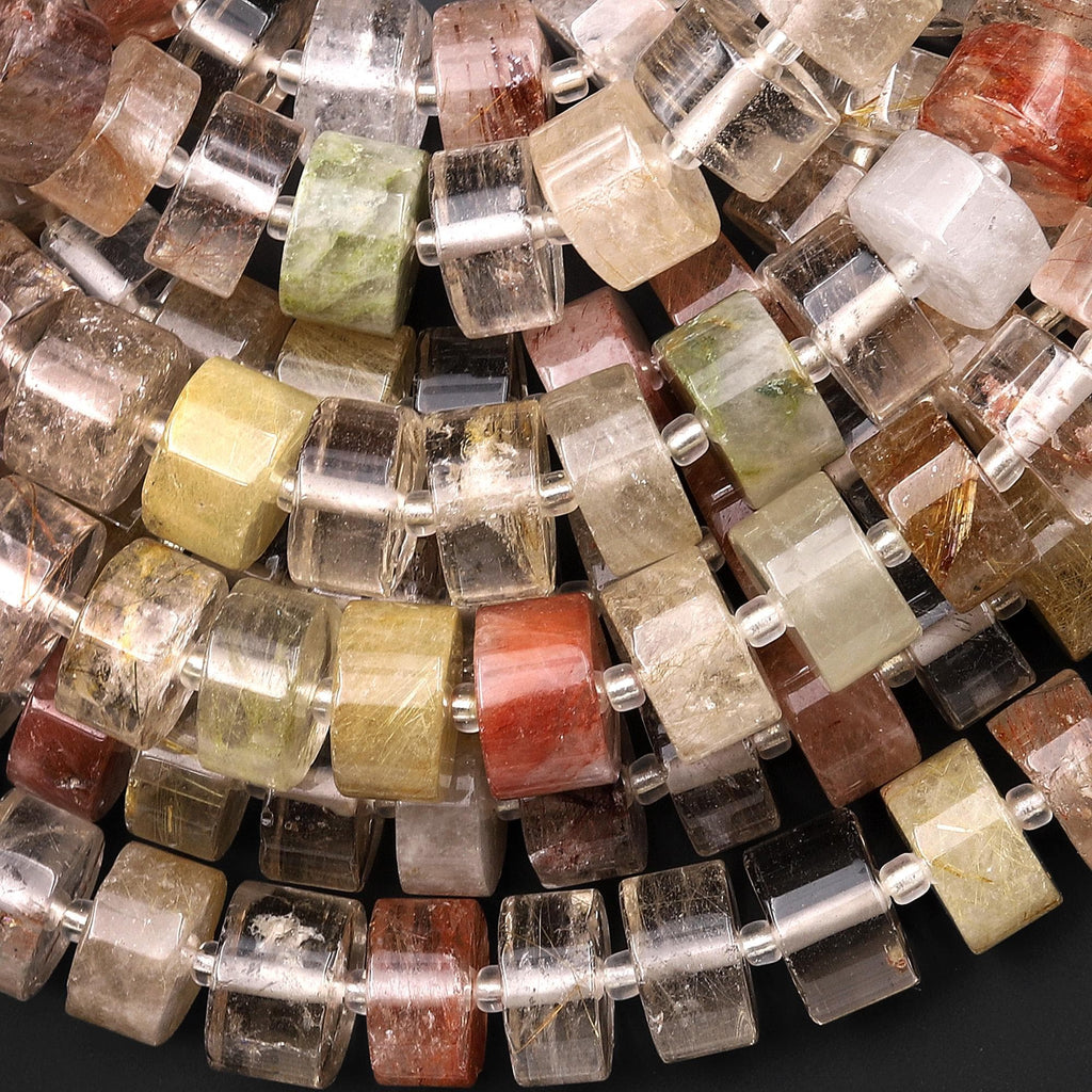 AAA Natural Brazilian Phantom Rutile Crystal Quartz Thick Rondelle 10mm 12mm Beads 15.5" Strand