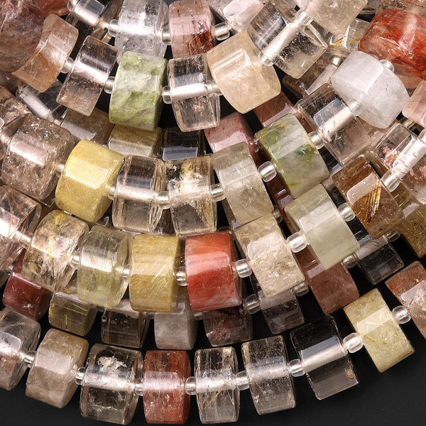 AAA Natural Brazilian Phantom Rutile Crystal Quartz Thick Rondelle 10mm 12mm Beads 15.5" Strand