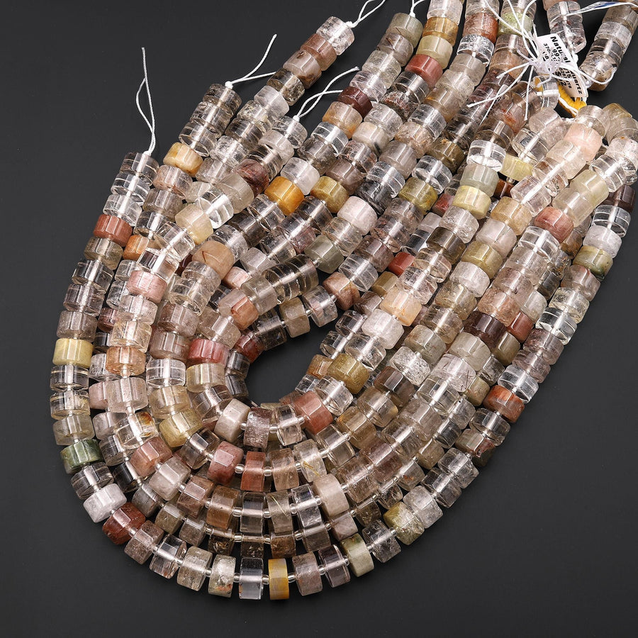 AAA Natural Brazilian Phantom Rutile Crystal Quartz Thick Rondelle 10mm 12mm Beads 15.5" Strand