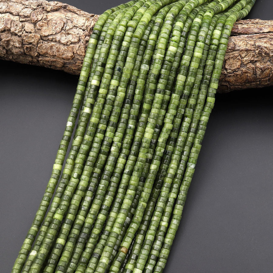 Natural Russian Serpentine Green Jade 4mm Smooth Heishi Rondelle Beads 15.5" Strand