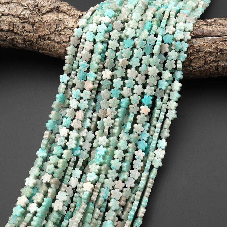 Natural Aqua Blue Green Amazonite Cherry Blossom Flower Beads 6mm Carved Gemstone 15.5" Strand