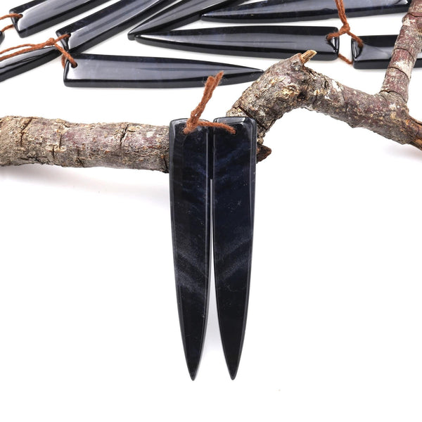 Rare Natural Midnight Dark Blue Onyx Thin Long Dagger Triangle Spike Earring Pair Drilled Gemstone Matched Beads