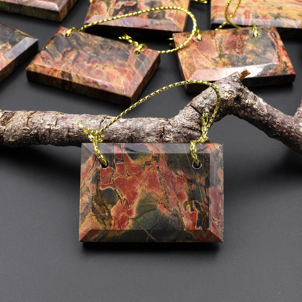 Two 2 Hole Pendant Natural Red Creek Jasper Drilled Faceted Rectangle Focal Bead