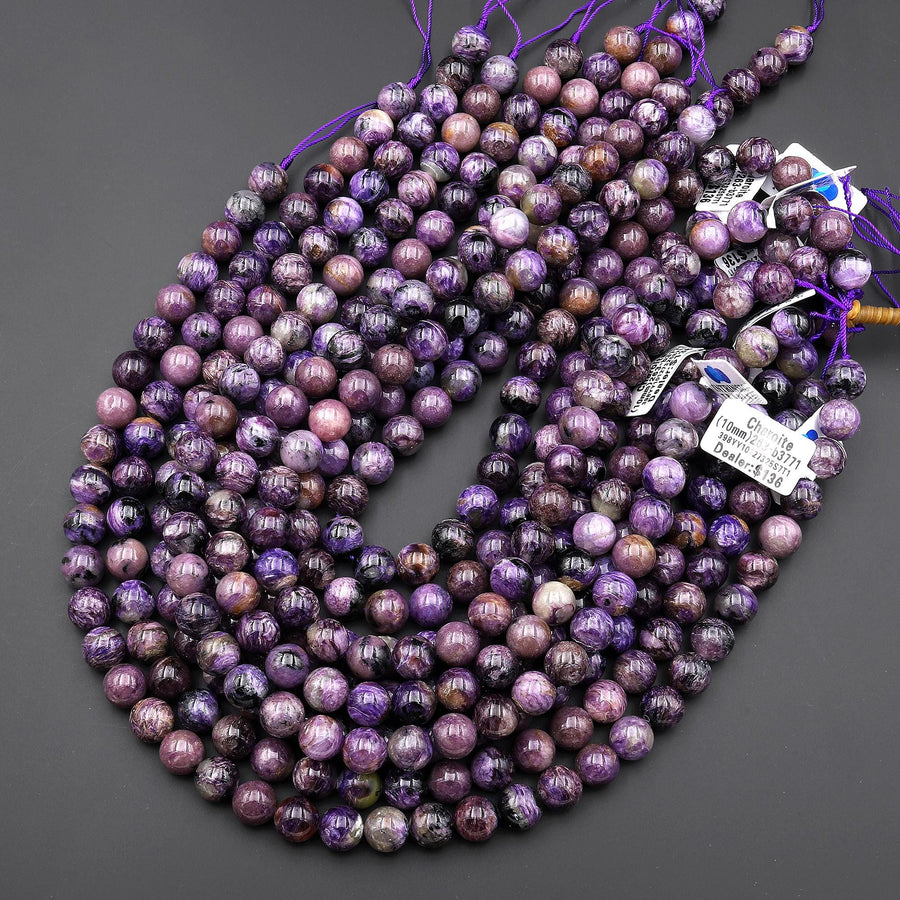 Genuine Natural Russian Charoite 10mm Smooth Round Beads 15.5" Strand