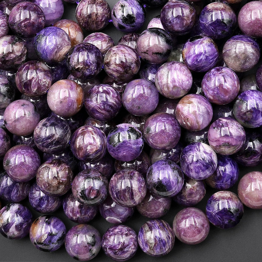 Genuine Natural Russian Charoite 10mm Smooth Round Beads 15.5" Strand