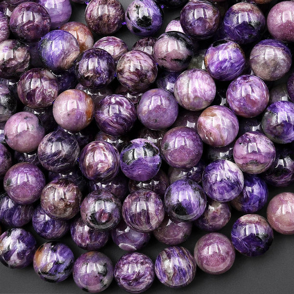 Genuine Natural Russian Charoite 10mm Smooth Round Beads 15.5" Strand