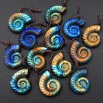 AAA Hand Carved Natural Blue Green Golden Orange Labradorite Ammonite Pendant Side Drilled Gemstone Focal Bead