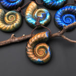 AAA Hand Carved Natural Blue Green Golden Orange Labradorite Ammonite Pendant Side Drilled Gemstone Focal Bead