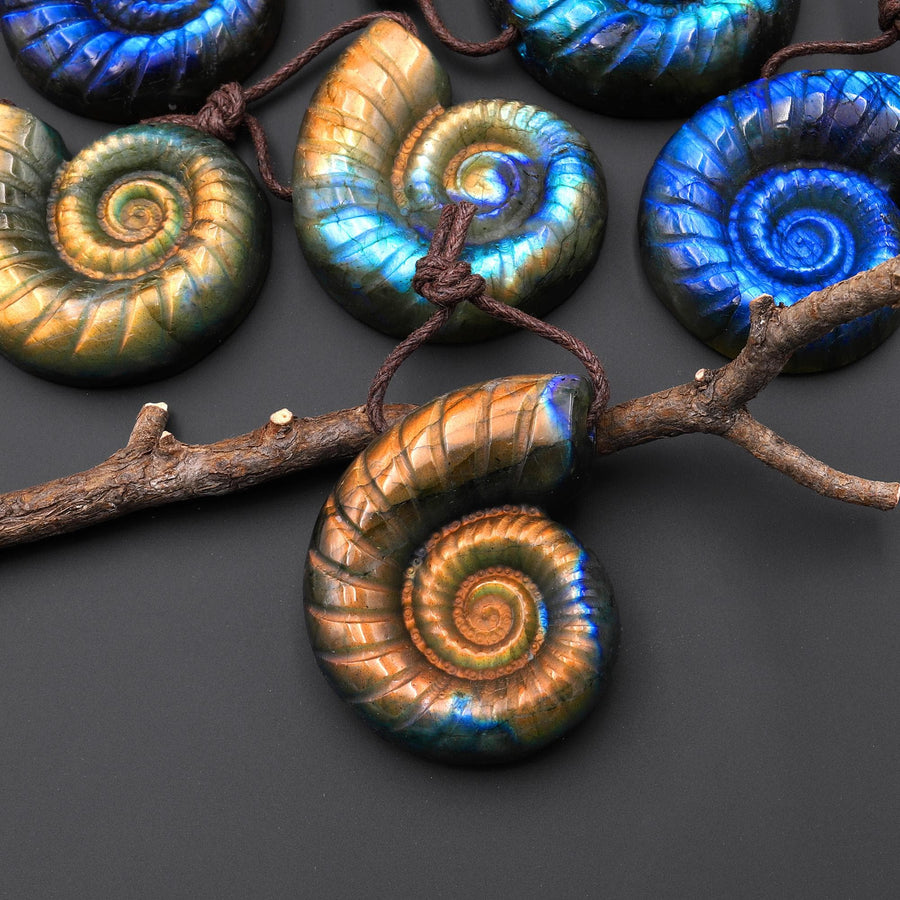 AAA Hand Carved Natural Blue Green Golden Orange Labradorite Ammonite Pendant Side Drilled Gemstone Focal Bead