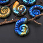 AAA Hand Carved Natural Blue Green Golden Orange Labradorite Ammonite Pendant Side Drilled Gemstone Focal Bead