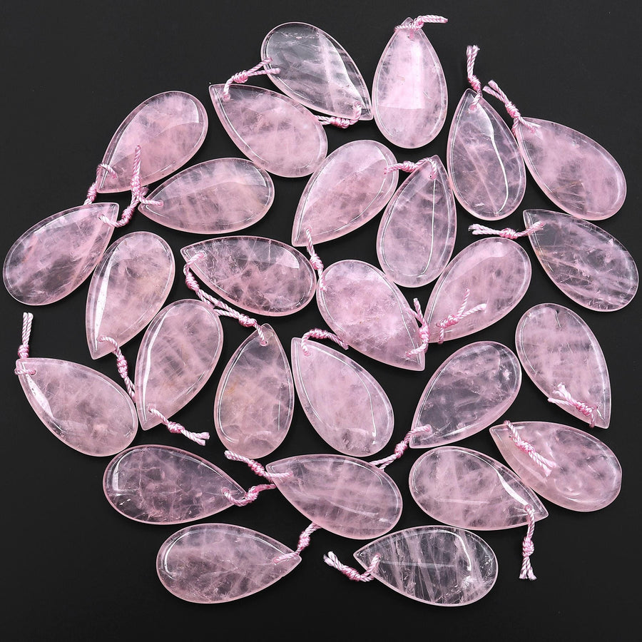 AAA Natural Pink Rose Quartz Oblong Teardrop Pendant Gemstone Crystal Focal Bead