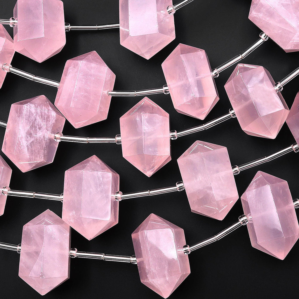 AAA Gemmy Translucent Natural Madagascar Pink Rose Quartz Double Terminated Point Beads Gemstone 8" Strand