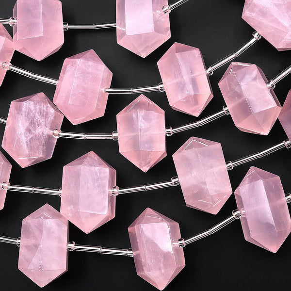 AAA Gemmy Translucent Natural Madagascar Pink Rose Quartz Double Terminated Point Beads Gemstone 8" Strand