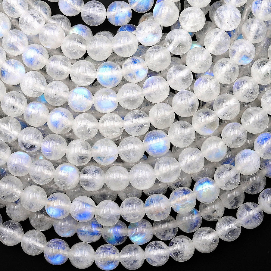 AAA Translucent Natural Rainbow Moonstone Round Beads 4mm 6mm 8mm Blue Flashes Gemstone 15.5" Strand
