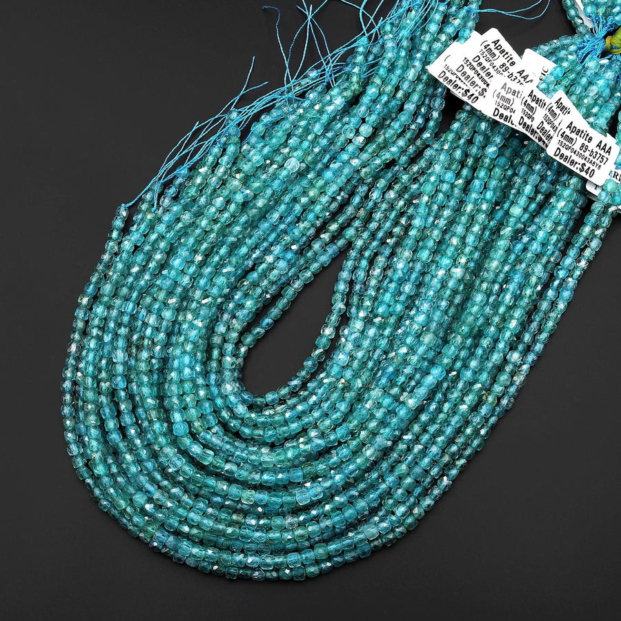 AAA Natural Blue Green Apatite Faceted 4mm Cube Beads Gemstone Dice 15.5" Strand