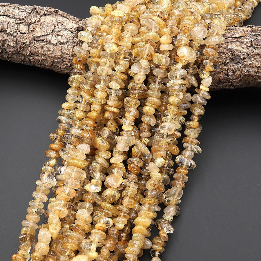 Natural Golden Rutilated Quartz Freeform Center Drilled Chip Rondelle Beads 15.5" Strand