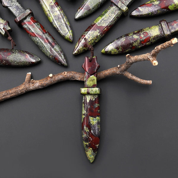 Natural Dragon Blood Jasper Sword Pendant Drilled Focal Stone Bead A1