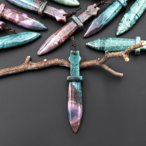 Natural Indian Agate Sword Pendant Drilled Focal Stone Bead