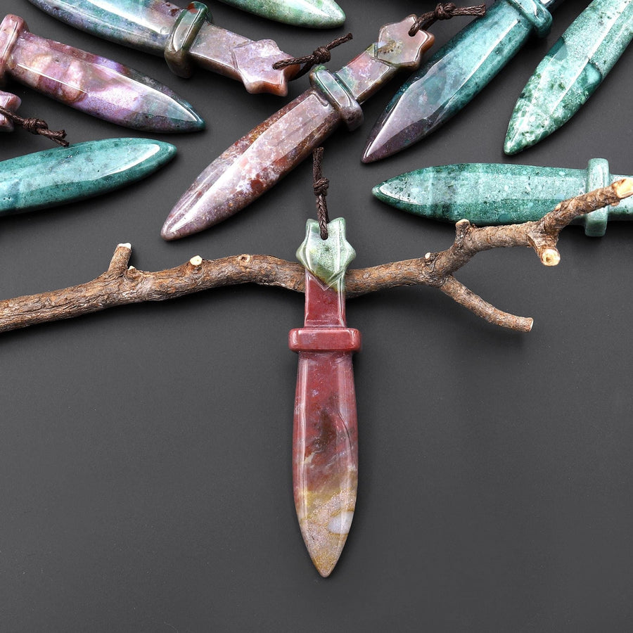 Natural Indian Agate Sword Pendant Drilled Focal Stone Bead