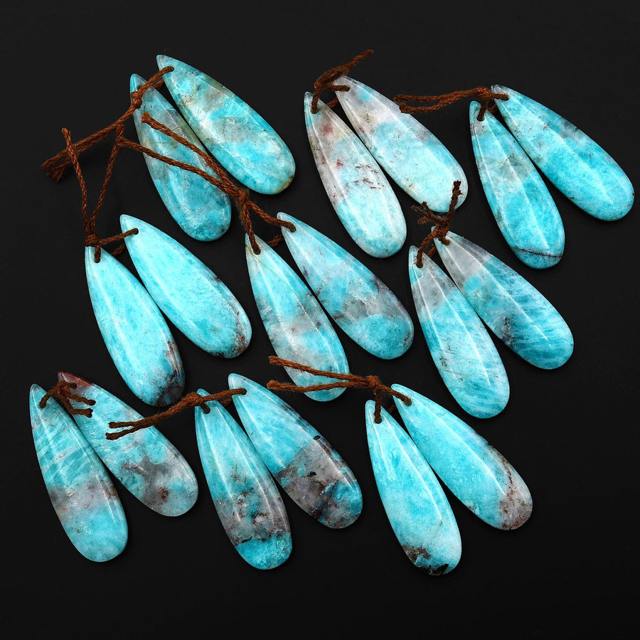 Natural Madagascar Blue Amazonite w Quartz Matrix Teardrop Earring Drilled Matched Gemstone Bead Pair