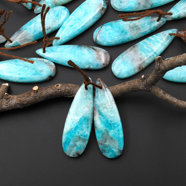 Natural Madagascar Blue Amazonite w Quartz Matrix Teardrop Earring Drilled Matched Gemstone Bead Pair