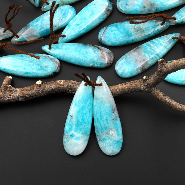 Natural Madagascar Blue Amazonite w Quartz Matrix Teardrop Earring Drilled Matched Gemstone Bead Pair A2