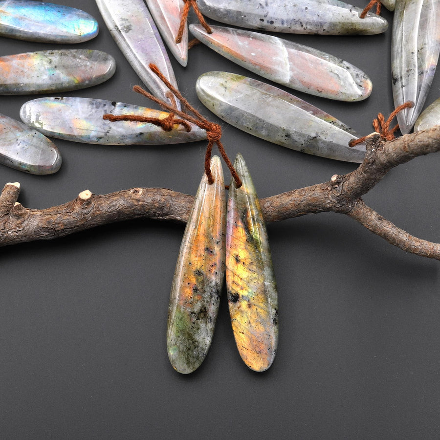 Natural Rainbow Labradorite Smooth Teardrop Earrings Drilled Matched Gemstone Bead Pair