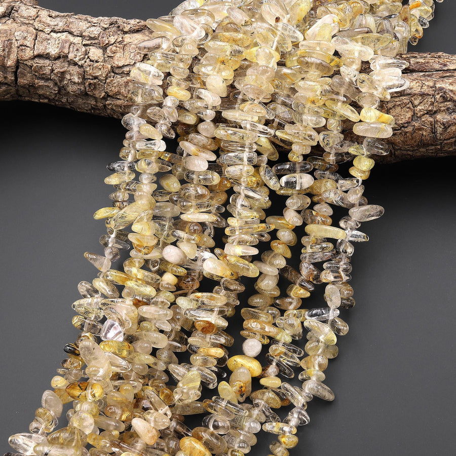 Natural Golden Rutilated Quartz Freeform Top Side Drilled Spike Beads 15.5" Strand