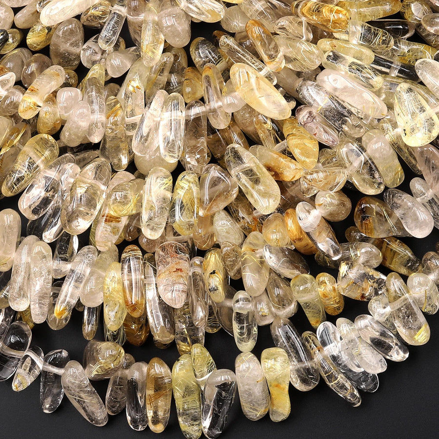 Natural Golden Rutilated Quartz Freeform Top Side Drilled Spike Beads 15.5" Strand