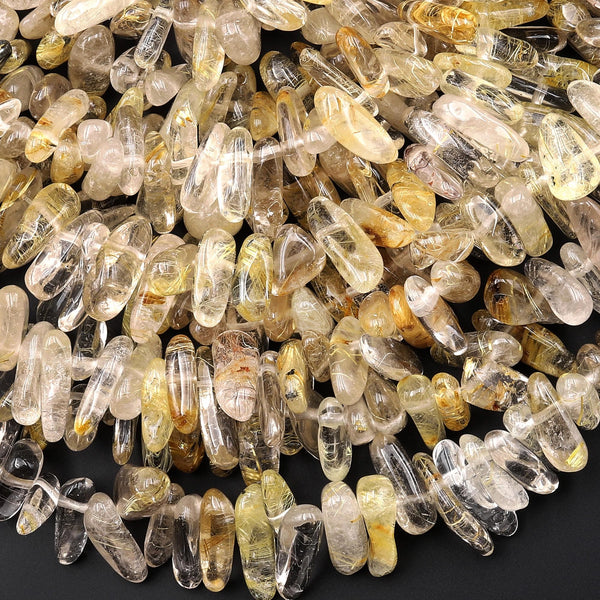 Natural Golden Rutilated Quartz Freeform Top Side Drilled Spike Beads 15.5" Strand