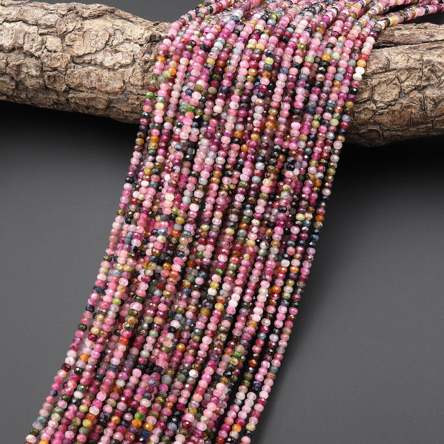Natural Multicolor Watermelon Tourmaline Micro Faceted 3mm 4mm Rondelle Beads Pink Green Gemstone 15.5" Strand