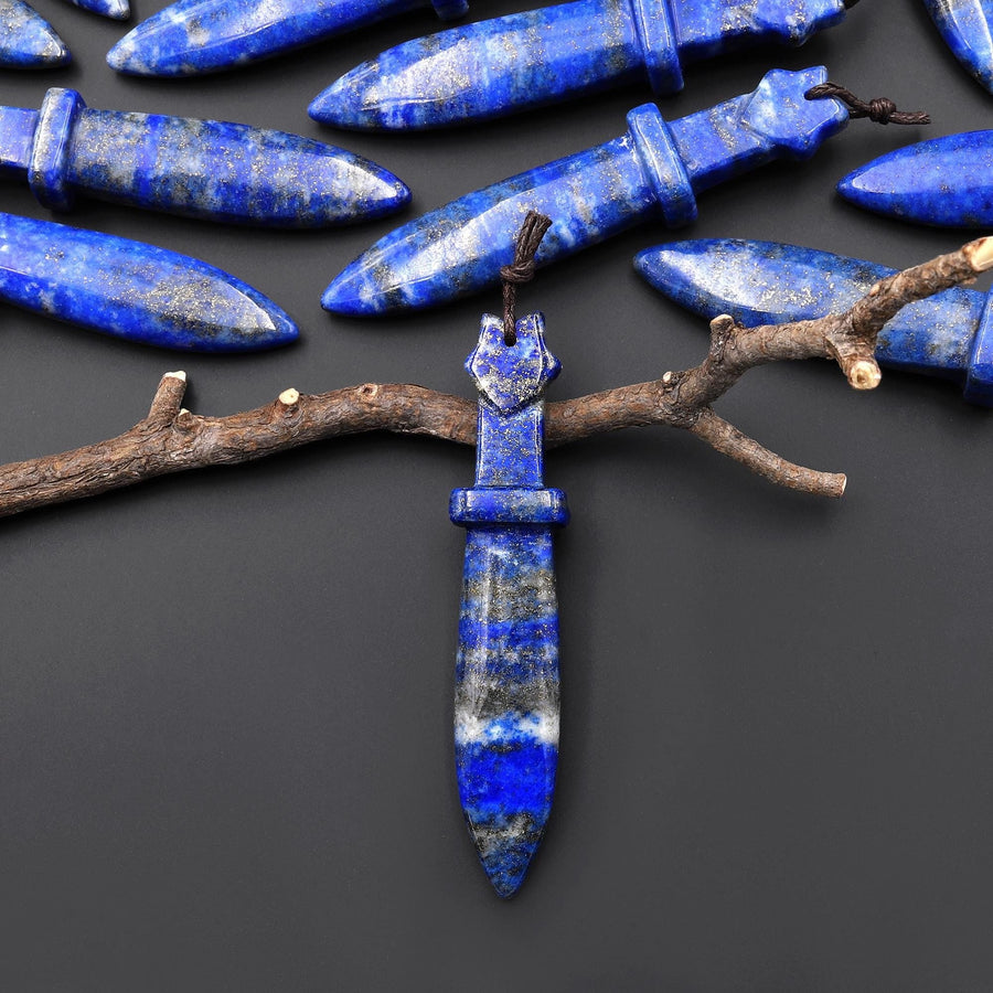 Natural Blue Lapis Sword Pendant Drilled Focal Stone Bead