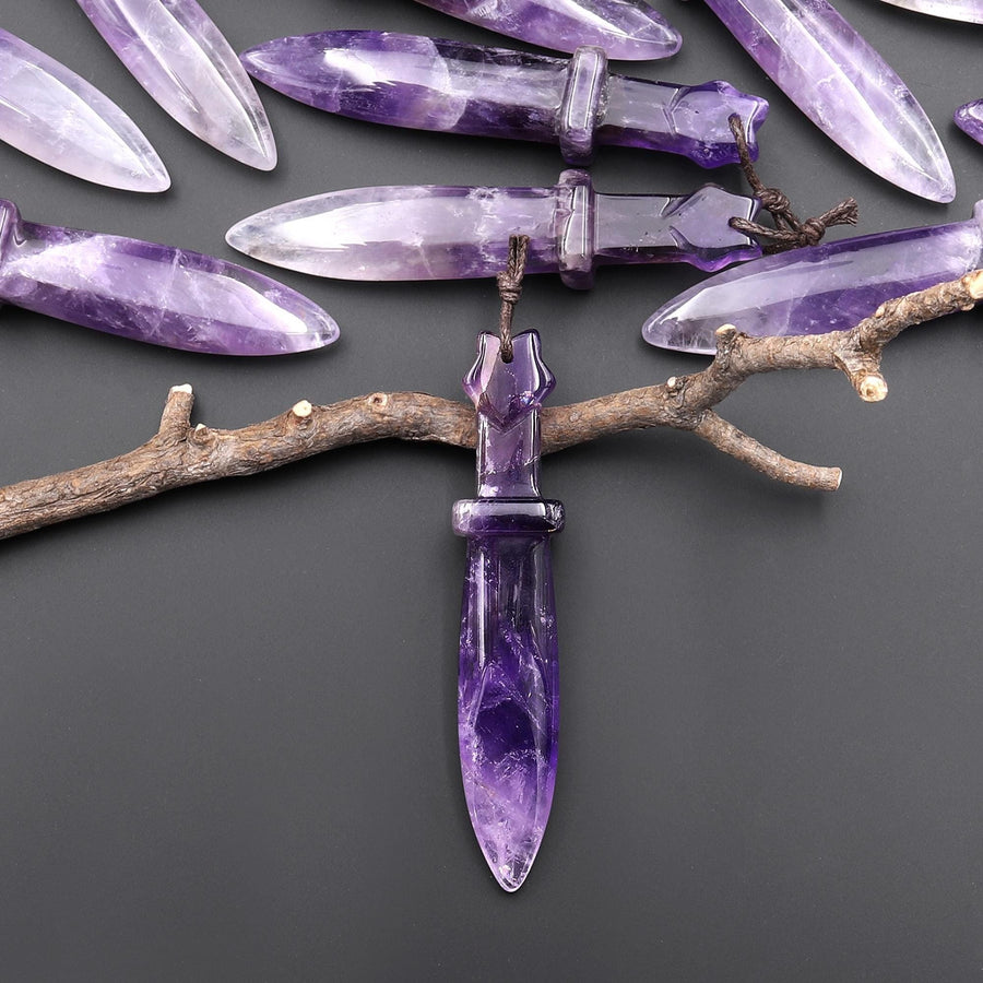 Natural Purple Amethyst Sword Pendant Drilled Focal Gemstone Bead