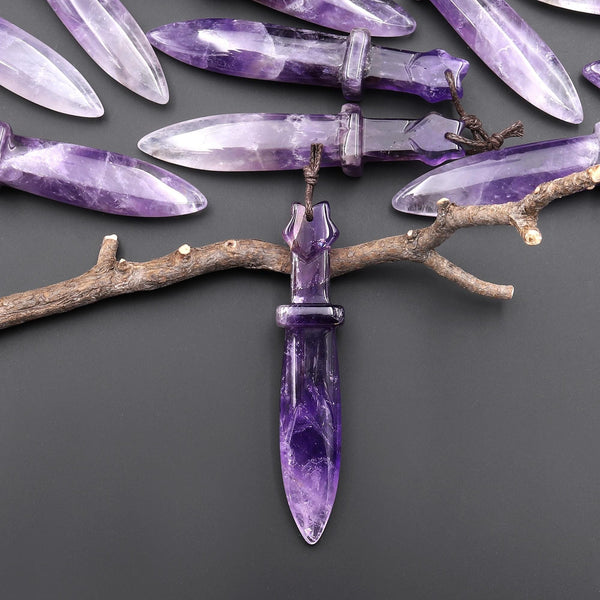 Natural Purple Amethyst Sword Pendant Drilled Focal Gemstone Bead