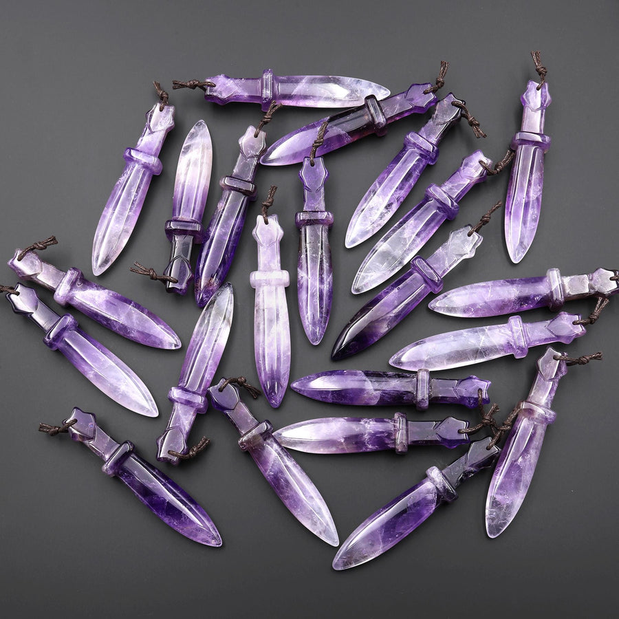 Natural Purple Amethyst Sword Pendant Drilled Focal Gemstone Bead