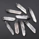 Handmade Raw Unpolished Natural Rock Crystal Quartz Pendant w/ Decorative Rhinestone Cap