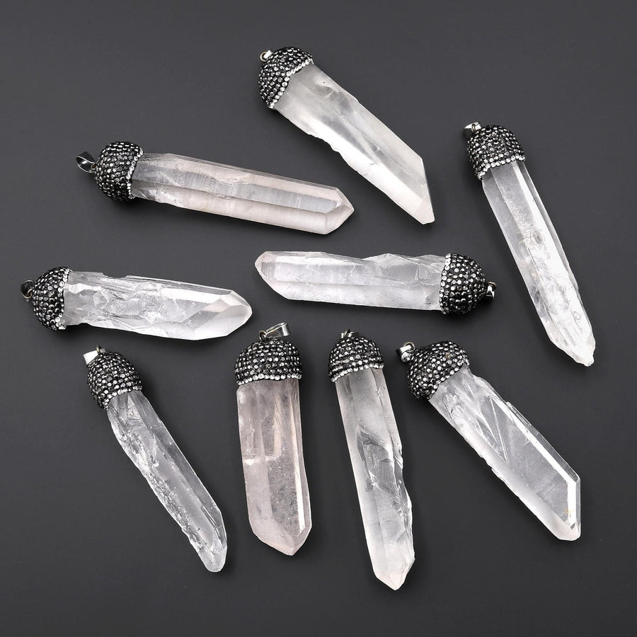 Handmade Raw Unpolished Natural Rock Crystal Quartz Pendant w/ Decorative Rhinestone Cap