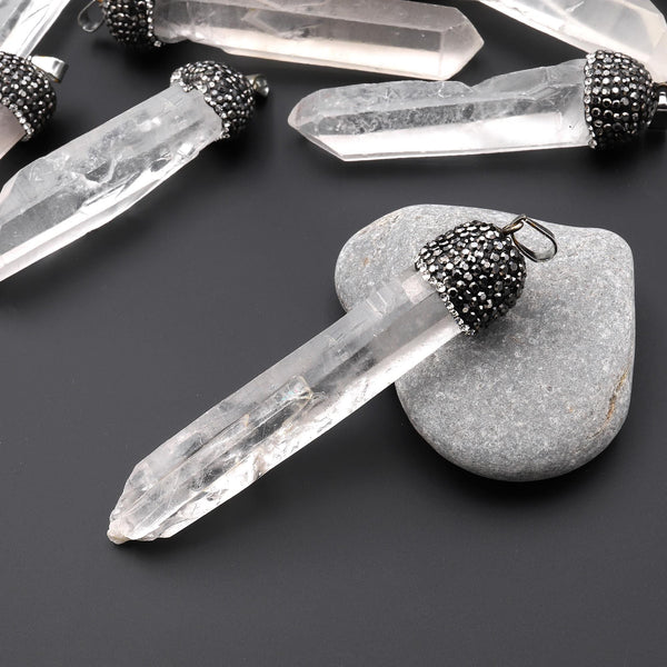 Handmade Raw Unpolished Natural Rock Crystal Quartz Pendant w/ Decorative Rhinestone Cap