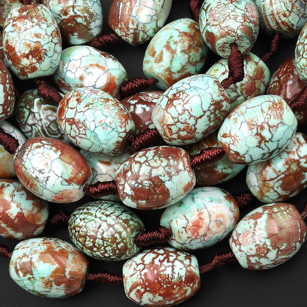 Tibetan Dragon Agate Barrel 18x15mm Beads Aqua Blue Green Golden Brown 13.5" Strand