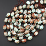 Tibetan Dragon Agate Barrel 18x15mm Beads Aqua Blue Green Golden Brown 13.5" Strand