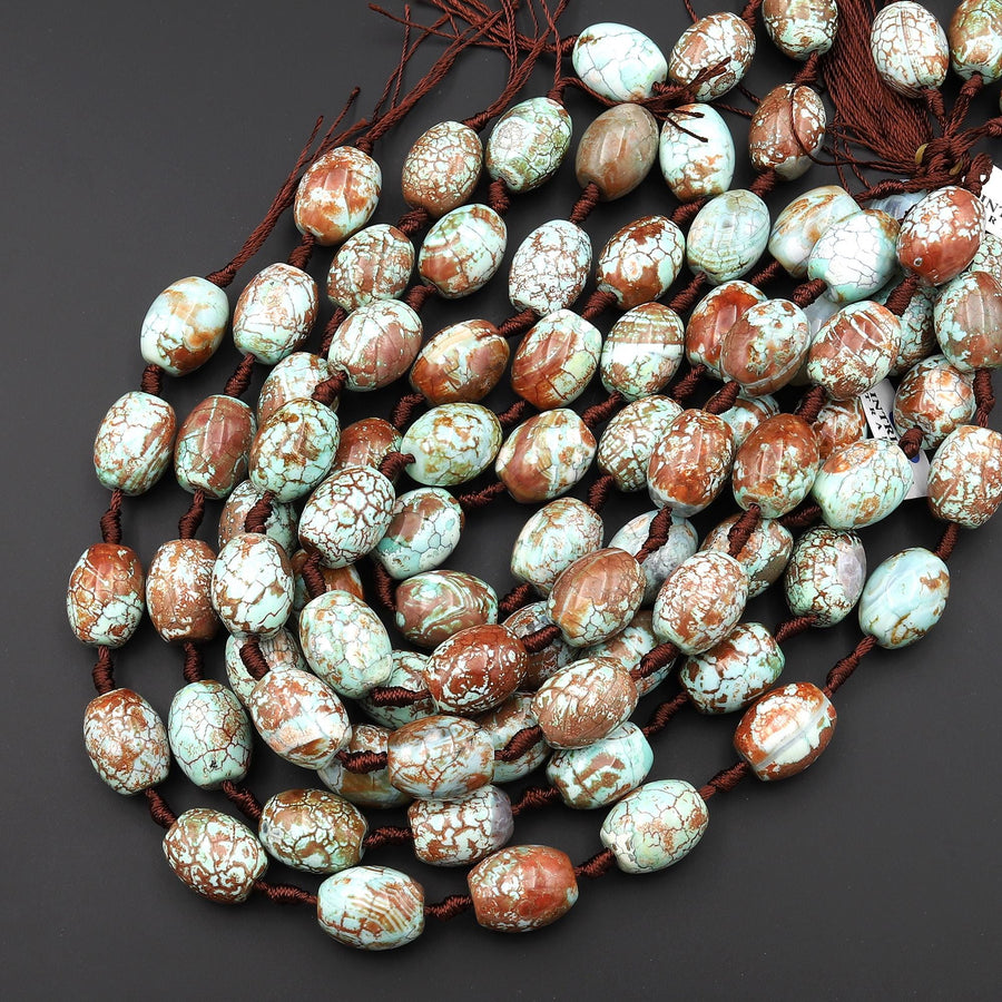 Tibetan Dragon Agate Barrel 18x15mm Beads Aqua Blue Green Golden Brown 13.5" Strand