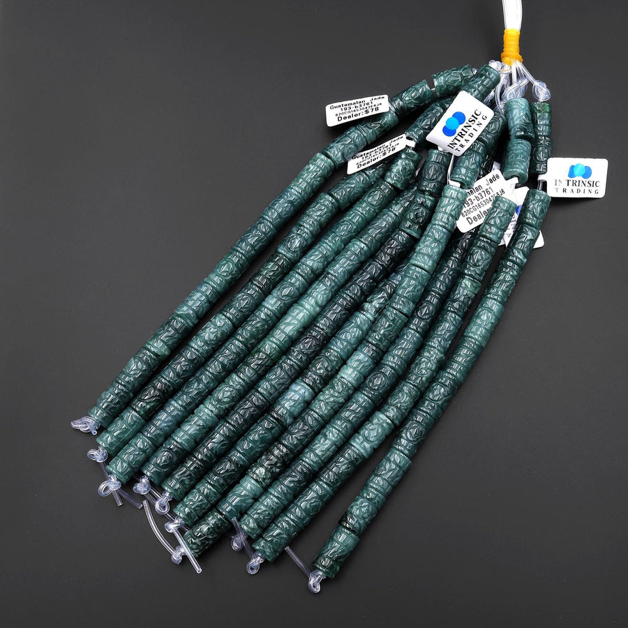 AAA Large 3mm Hole Beads Hand Carved Natural Guatemalan Blue Green Jade Decorative Tube Good for Leather Cord 8" Strand