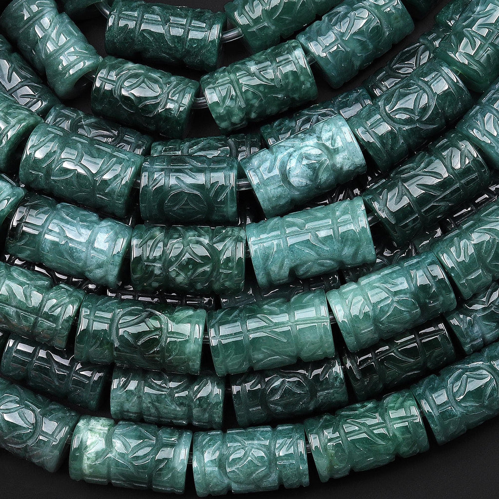 AAA Large 3mm Hole Beads Hand Carved Natural Guatemalan Blue Green Jade Decorative Tube Good for Leather Cord 8" Strand