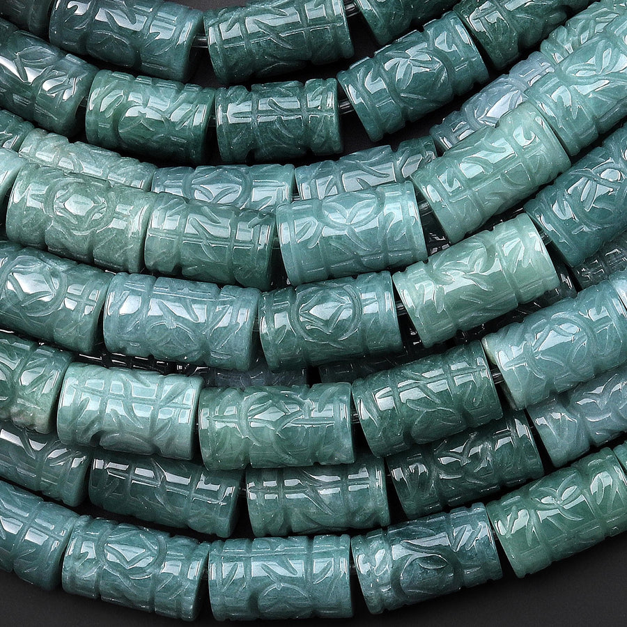 AAA Large 3mm Drill Hole Beads Hand Carved Natural Guatemalan Light Blue Green Jade Decorative Tube Good for Leather Cord 8" Strand