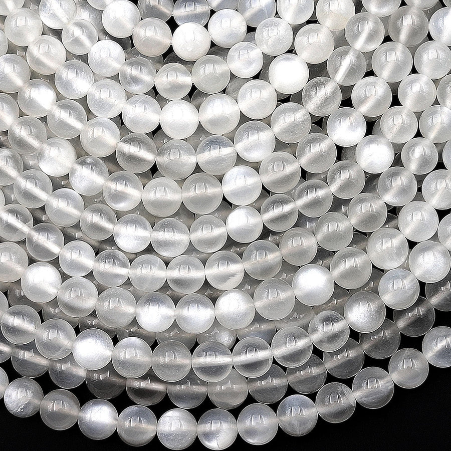 AAA+ Chatoyant Translucent Natural Silvery White Moonstone 4mm 6mm 8mm Round Beads 15.5" Strand